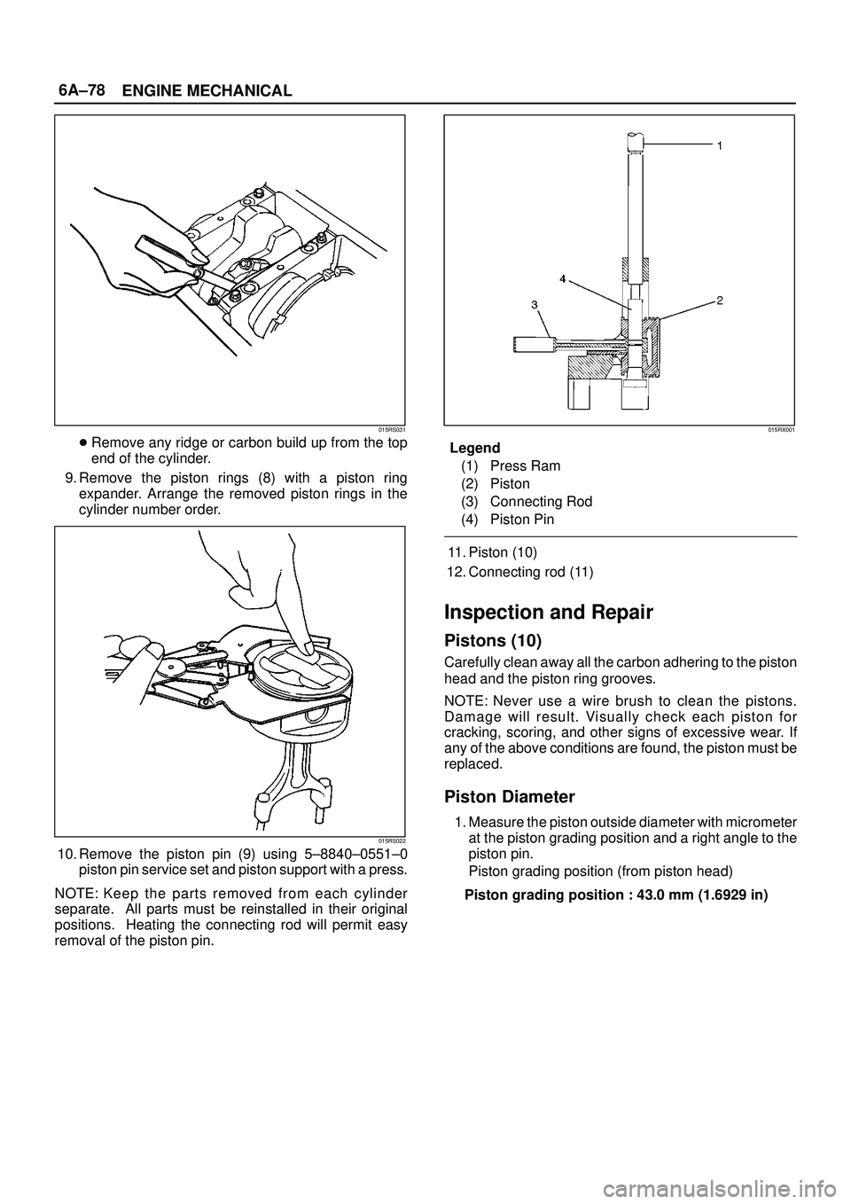ISUZU TROOPER 1998  Service Manual PDF 6A±78
ENGINE MECHANICAL
015RS031
Remove any ridge or carbon build up from the top
end of the cylinder.
9. Remove the piston rings (8) with a piston ring
expander. Arrange the removed piston rings in