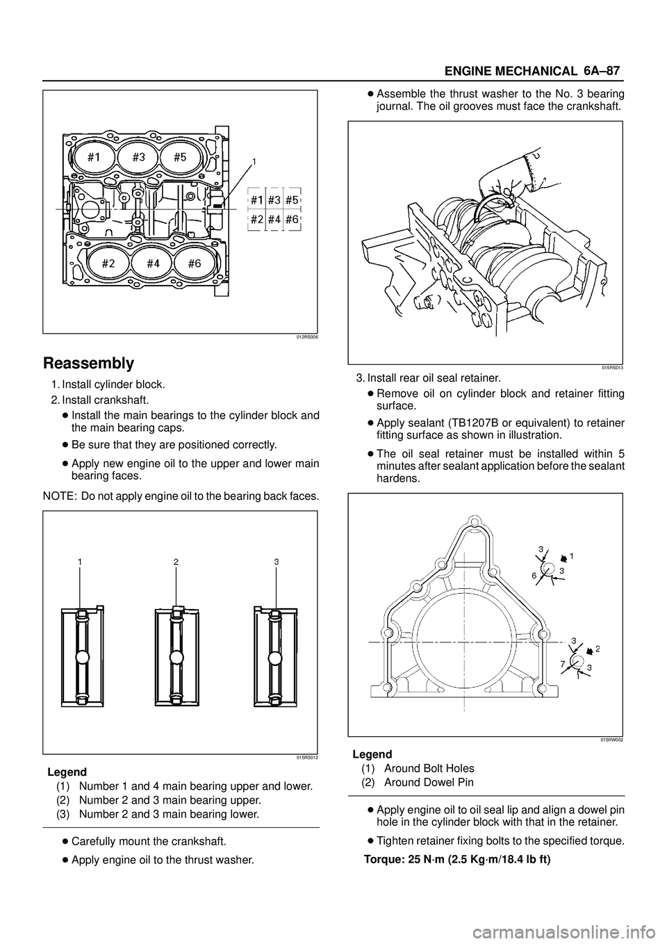 ISUZU TROOPER 1998  Service Repair Manual 6A±87
ENGINE MECHANICAL
012RS006
Reassembly
1. Install cylinder block.
2. Install crankshaft.
Install the main bearings to the cylinder block and
the main bearing caps.
Be sure that they are positi
