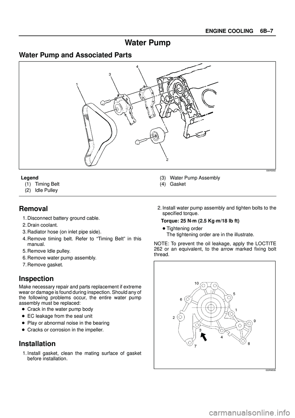 ISUZU TROOPER 1998  Service Repair Manual ENGINE COOLING6B±7
Water Pump
Water Pump and Associated Parts
030RS002
Legend
(1) Timing Belt
(2) Idle Pulley(3) Water Pump Assembly
(4) Gasket
Removal
1. Disconnect battery ground cable.
2. Drain co