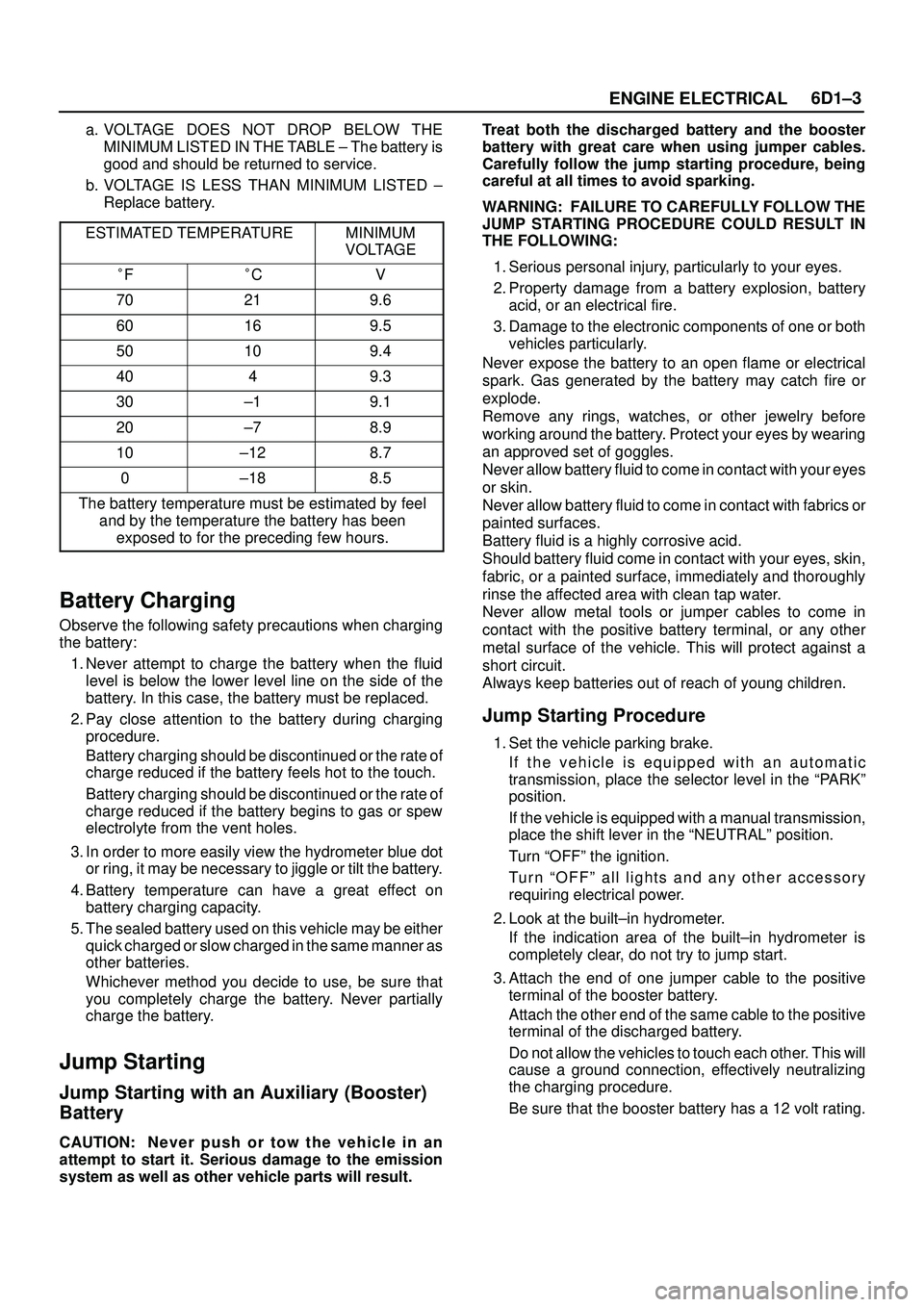 ISUZU TROOPER 1998  Service Repair Manual ENGINE ELECTRICAL6D1±3
a. VOLTAGE DOES NOT DROP BELOW THE
MINIMUM LISTED IN THE TABLE ± The battery is
good and should be returned to service.
b. VOLTAGE IS LESS THAN MINIMUM LISTED ±
Replace batte