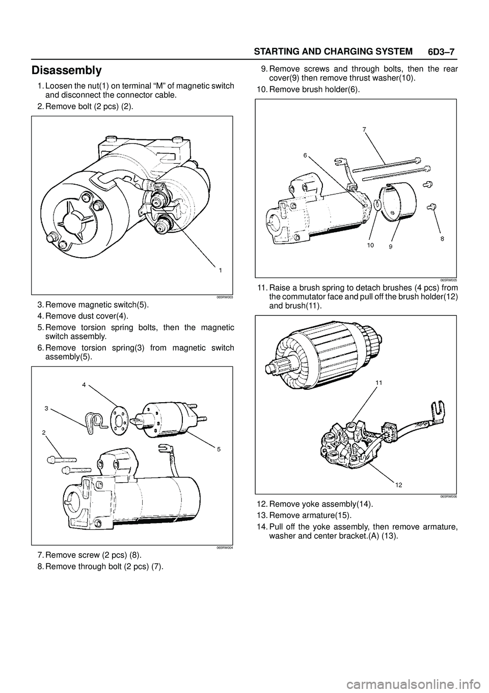 ISUZU TROOPER 1998 Service Repair Manual 6D3±7 STARTING AND CHARGING SYSTEM
Disassembly
1. Loosen the nut(1) on terminal ªMº of magnetic switch
and disconnect the connector cable.
2. Remove bolt (2 pcs) (2).
065RW003
3. Remove magnetic sw ISUZU TROOPER 1998 Service Repair Manual 6D3±7 STARTING AND CHARGING SYSTEM
Disassembly
1. Loosen the nut(1) on terminal ªMº of magnetic switch
and disconnect the connector cable.
2. Remove bolt (2 pcs) (2).
065RW003
3. Remove magnetic sw