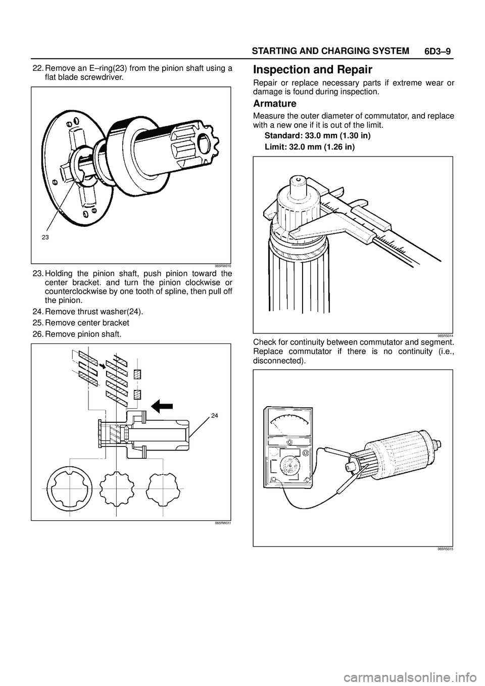 ISUZU TROOPER 1998 Service Repair Manual 6D3±9 STARTING AND CHARGING SYSTEM
22. Remove an E±ring(23) from the pinion shaft using a
flat blade screwdriver.
065RW010
23. Holding the pinion shaft, push pinion toward the
center bracket. and tu ISUZU TROOPER 1998 Service Repair Manual 6D3±9 STARTING AND CHARGING SYSTEM
22. Remove an E±ring(23) from the pinion shaft using a
flat blade screwdriver.
065RW010
23. Holding the pinion shaft, push pinion toward the
center bracket. and tu