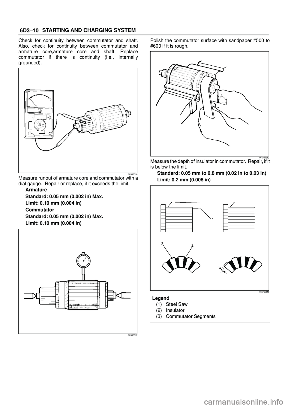 ISUZU TROOPER 1998  Service Owners Guide 6D3±10STARTING AND CHARGING SYSTEM
Check for continuity between commutator and shaft.
Also, check for continuity between commutator and
armature core,armature core and shaft. Replace
commutator if th