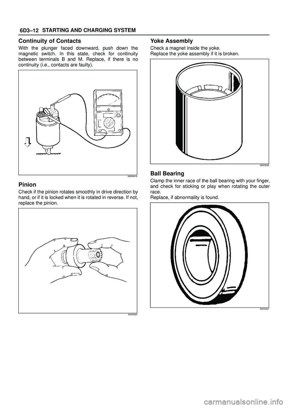 ISUZU TROOPER 1998  Service Owners Guide 6D3±12STARTING AND CHARGING SYSTEM
Continuity of Contacts
With the plunger faced downward, push down the
magnetic switch. In this state, check for continuity
between terminals B and M. Replace, if th