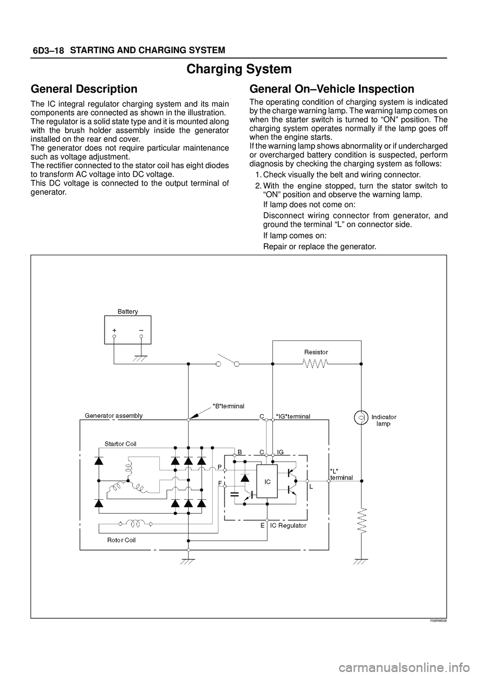 ISUZU TROOPER 1998  Service Service Manual 6D3±18STARTING AND CHARGING SYSTEM
Charging System
General Description
The IC integral regulator charging system and its main
components are connected as shown in the illustration.
The regulator is a