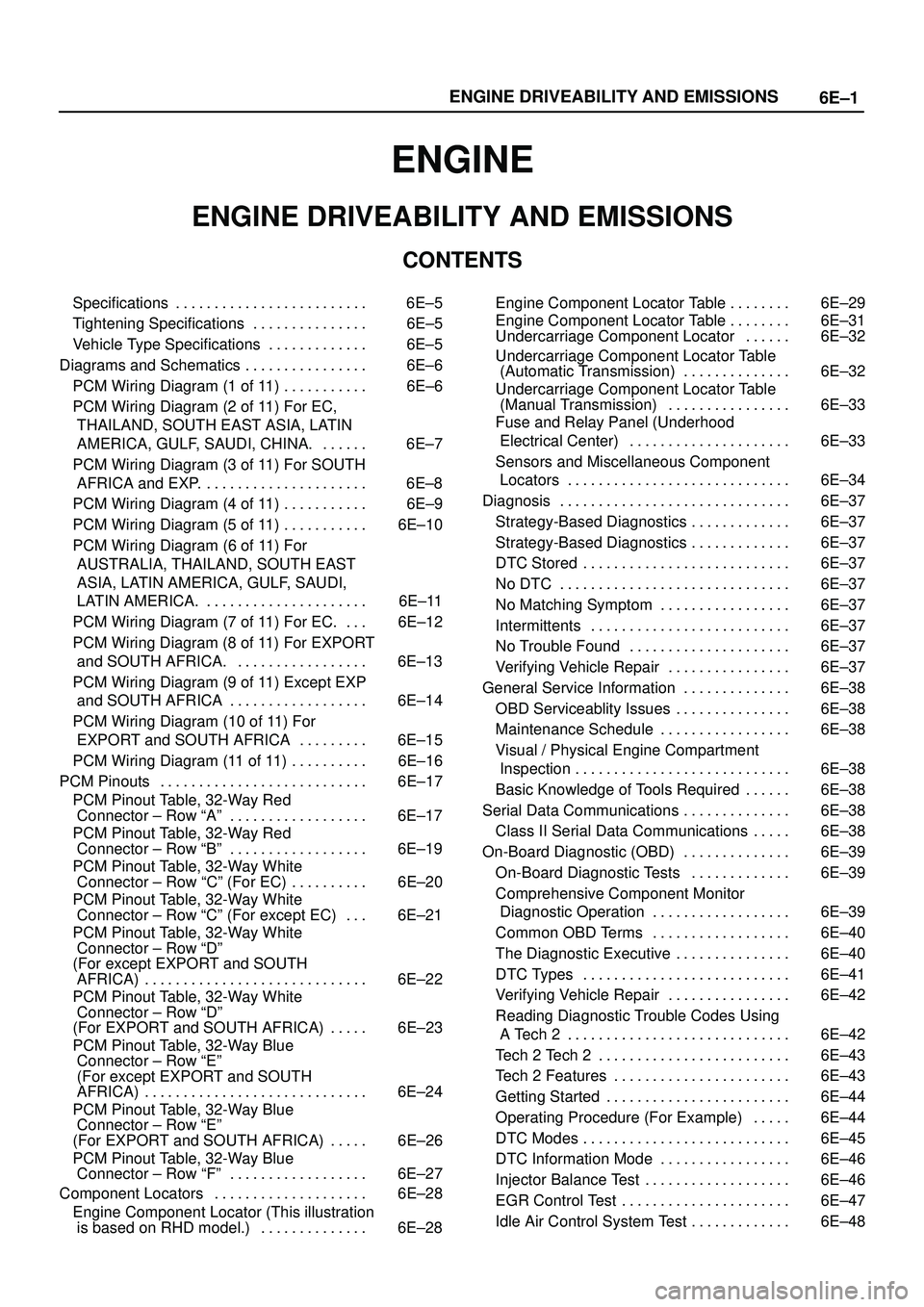 ISUZU TROOPER 1998  Service Repair Manual 6E±1 ENGINE DRIVEABILITY AND EMISSIONS
ENGINE
ENGINE DRIVEABILITY AND EMISSIONS
CONTENTS
Specifications 6E±5. . . . . . . . . . . . . . . . . . . . . . . . . 
Tightening Specifications 6E±5. . . . 