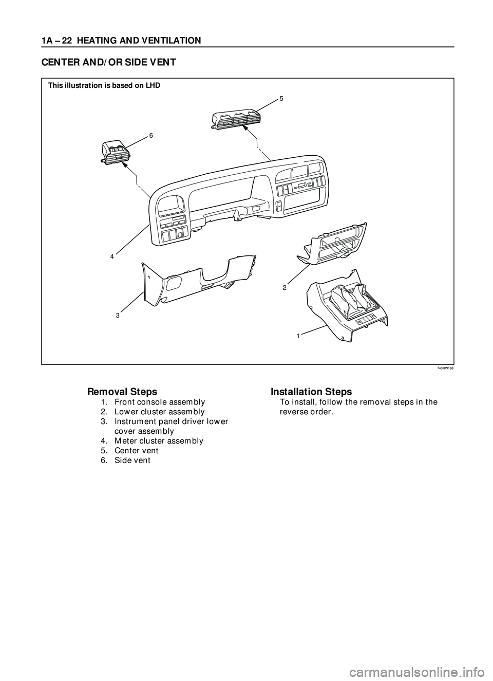 ISUZU TROOPER 1998  Service Repair Manual 1A Ð 22 HEATING AND VENTILATION
Removal Steps
1. Front console assembly
2. Lower cluster assembly
3. Instrument panel driver lower
cover assembly
4. Meter cluster assembly
5. Center vent
6. Side vent