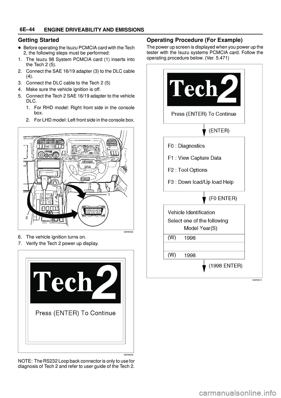 ISUZU TROOPER 1998  Service Owners Guide 6E±44
ENGINE DRIVEABILITY AND EMISSIONS
Getting Started
Before operating the Isuzu PCMCIA card with the Tech
2, the following steps must be performed:
1. The Isuzu 98 System PCMCIA card (1) inserts 