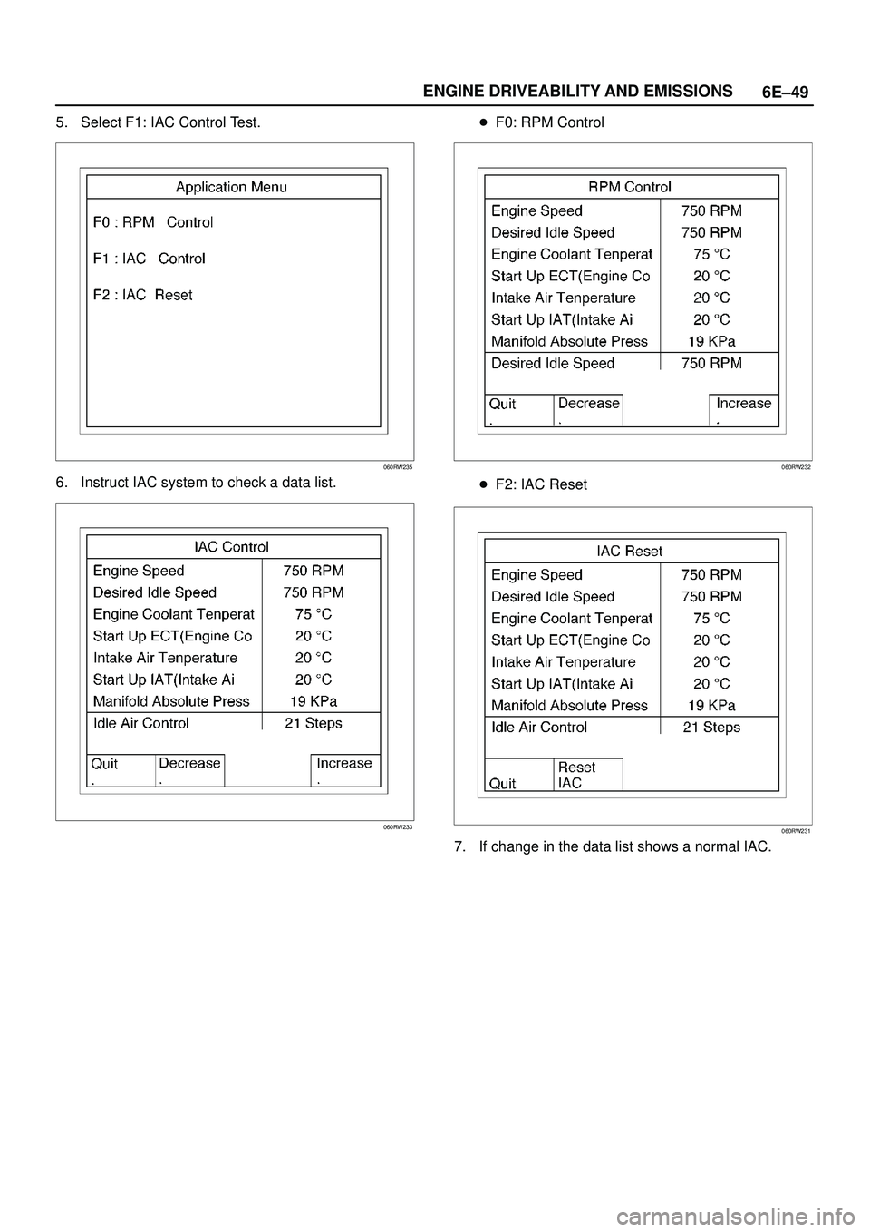 ISUZU TROOPER 1998  Service Repair Manual 6E±49 ENGINE DRIVEABILITY AND EMISSIONS
5. Select F1: IAC Control Test.
060RW235
6. Instruct IAC system to check a data list.
060RW233
F0: RPM Control
060RW232
F2: IAC Reset
060RW231
7. If change i