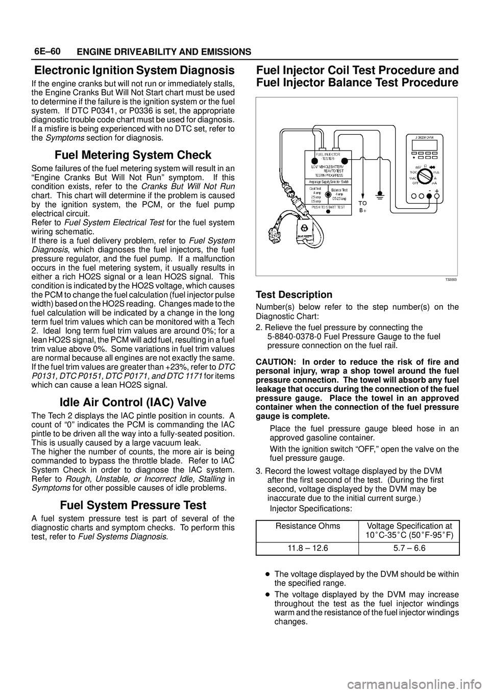 ISUZU TROOPER 1998  Service Owners Guide 6E±60
ENGINE DRIVEABILITY AND EMISSIONS
Electronic Ignition System Diagnosis
If the engine cranks but will not run or immediately stalls,
the Engine Cranks But Will Not Start chart must be used
to de