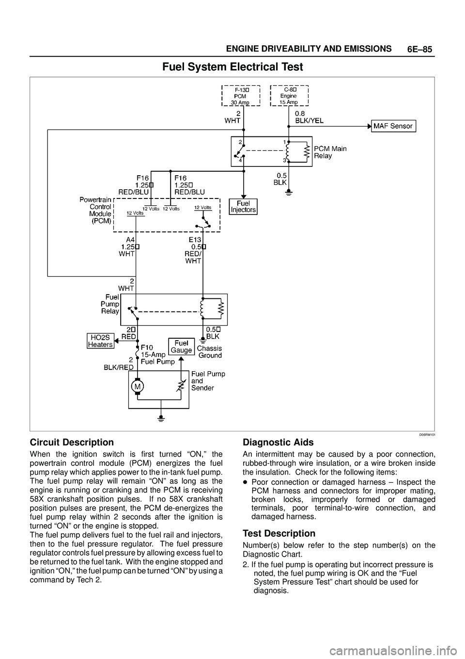 ISUZU TROOPER 1998  Service Owners Manual 6E±85 ENGINE DRIVEABILITY AND EMISSIONS
Fuel System Electrical Test
D06RW101
Circuit Description
When the ignition switch is first turned ªON,º the
powertrain control module (PCM) energizes the fue