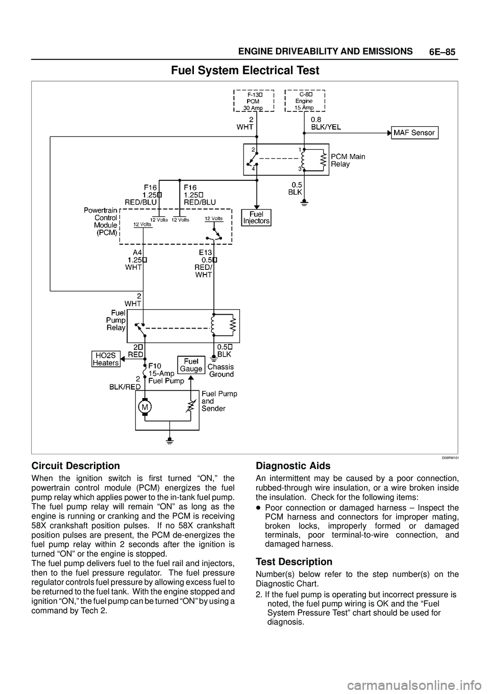 ISUZU TROOPER 1998  Service Repair Manual 6E±85 ENGINE DRIVEABILITY AND EMISSIONS
Fuel System Electrical Test
D06RW101
Circuit Description
When the ignition switch is first turned ªON,º the
powertrain control module (PCM) energizes the fue