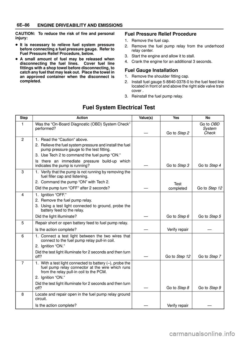 ISUZU TROOPER 1998  Service Repair Manual 6E±86
ENGINE DRIVEABILITY AND EMISSIONS
CAUTION: To reduce the risk of fire and personal
injury:
It is necessary to relieve fuel system pressure
before connecting a fuel pressure gauge.  Refer to
Fu