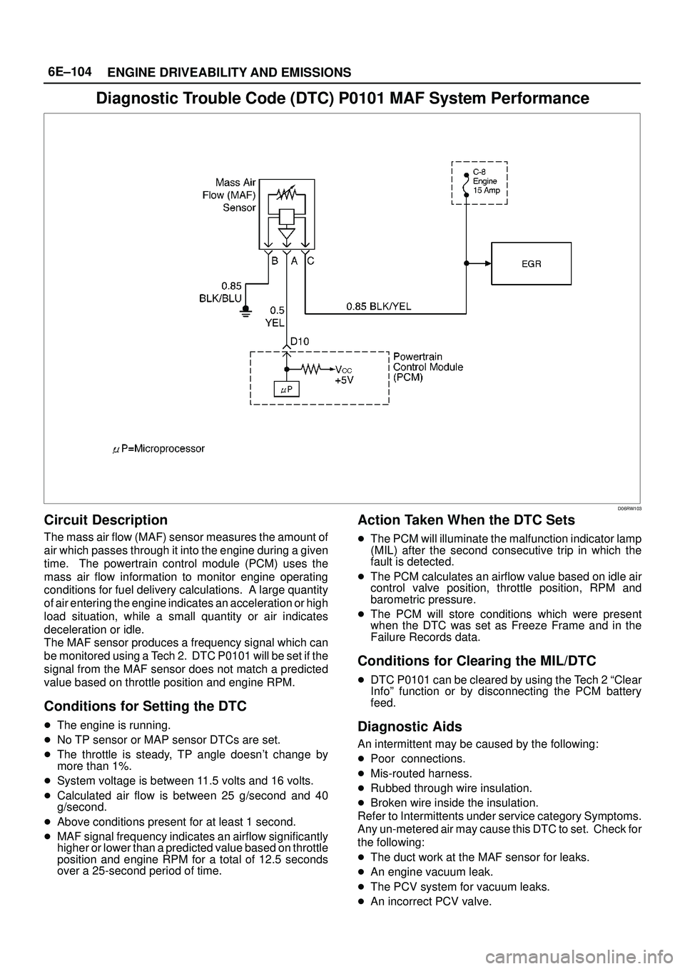 ISUZU TROOPER 1998  Service User Guide 6E±104
ENGINE DRIVEABILITY AND EMISSIONS
Diagnostic Trouble Code (DTC) P0101 MAF System Performance
D06RW103
Circuit Description
The mass air flow (MAF) sensor measures the amount of
air which passes