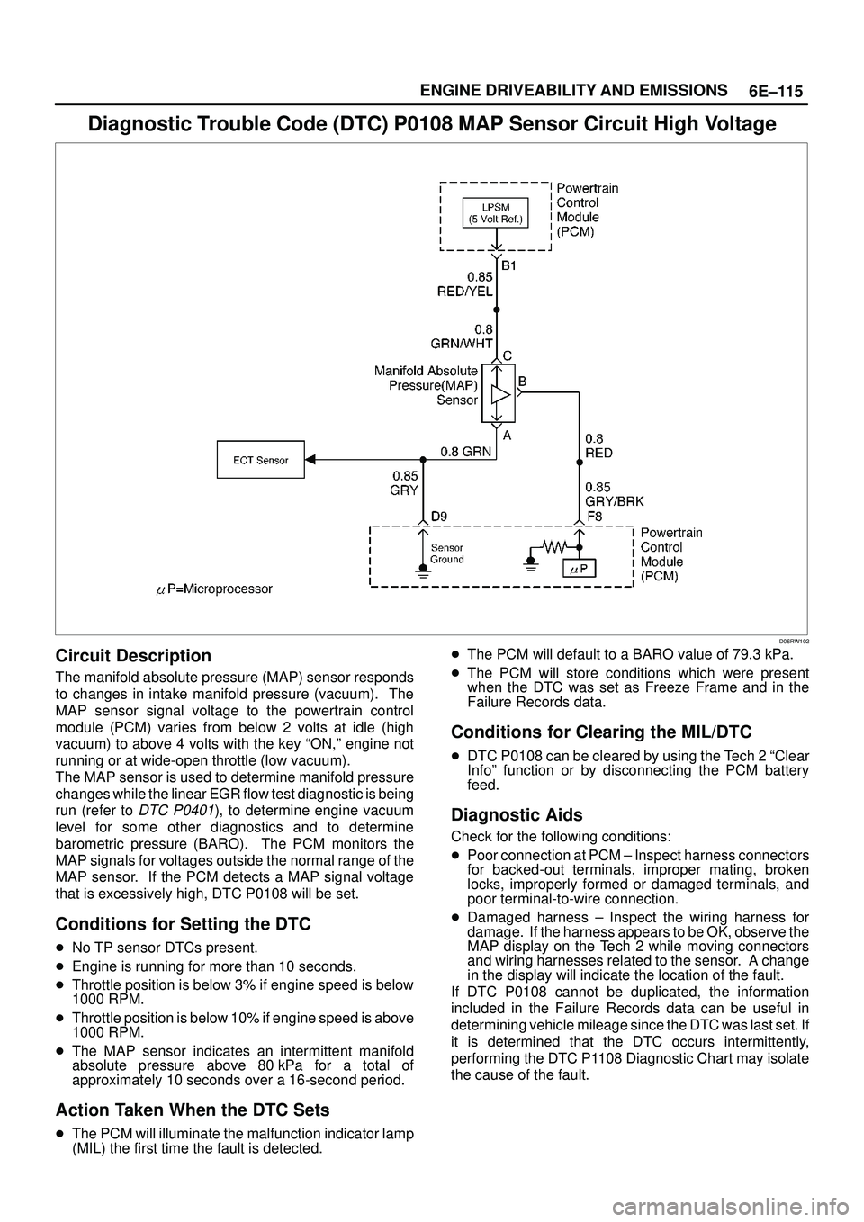 ISUZU TROOPER 1998  Service Repair Manual 6E±115 ENGINE DRIVEABILITY AND EMISSIONS
Diagnostic Trouble Code (DTC) P0108 MAP Sensor Circuit High Voltage
D06RW102
Circuit Description
The manifold absolute pressure (MAP) sensor responds
to chang