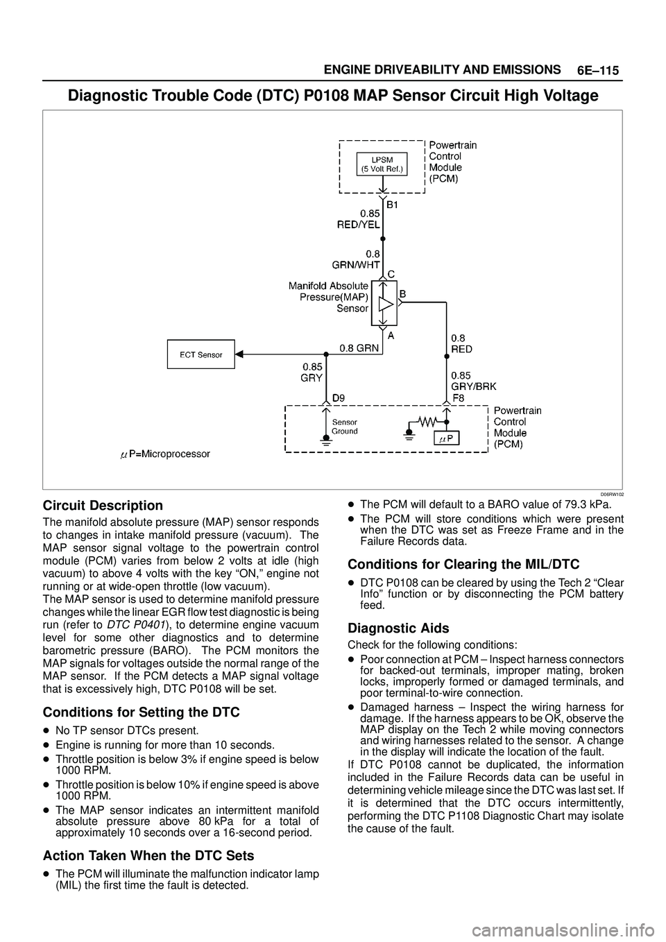 ISUZU TROOPER 1998  Service Owners Manual 6E±115 ENGINE DRIVEABILITY AND EMISSIONS
Diagnostic Trouble Code (DTC) P0108 MAP Sensor Circuit High Voltage
D06RW102
Circuit Description
The manifold absolute pressure (MAP) sensor responds
to chang