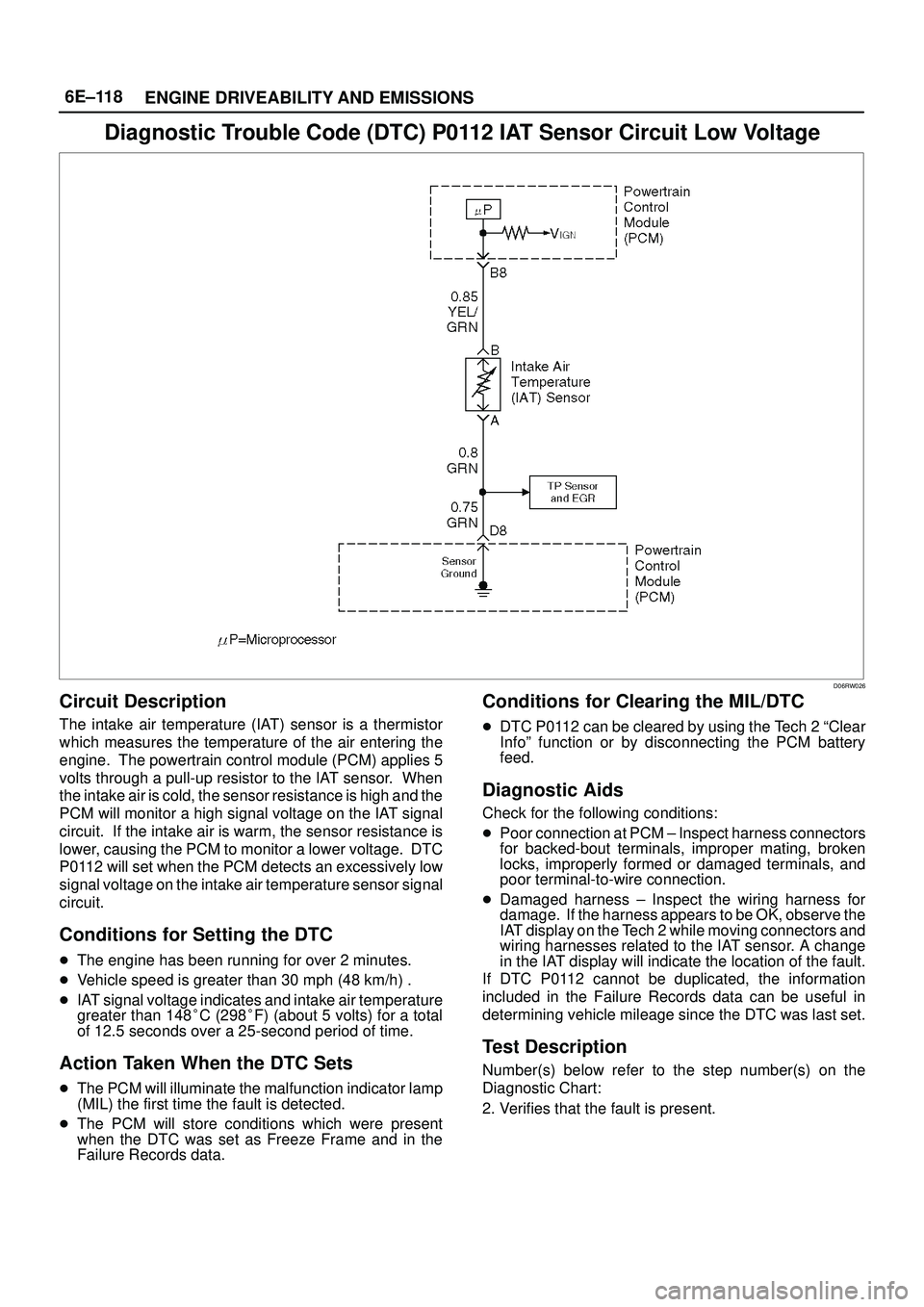 ISUZU TROOPER 1998  Service Owners Manual 6E±118
ENGINE DRIVEABILITY AND EMISSIONS
Diagnostic Trouble Code (DTC) P0112 IAT Sensor Circuit Low Voltage
D06RW026
Circuit Description
The intake air temperature (IAT) sensor is a thermistor
which 