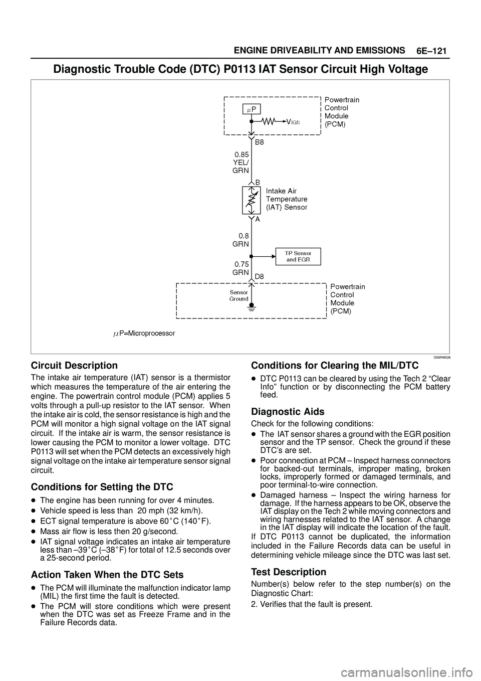 ISUZU TROOPER 1998  Service Repair Manual 6E±121 ENGINE DRIVEABILITY AND EMISSIONS
Diagnostic Trouble Code (DTC) P0113 IAT Sensor Circuit High Voltage
D06RW026
Circuit Description
The intake air temperature (IAT) sensor is a thermistor
which