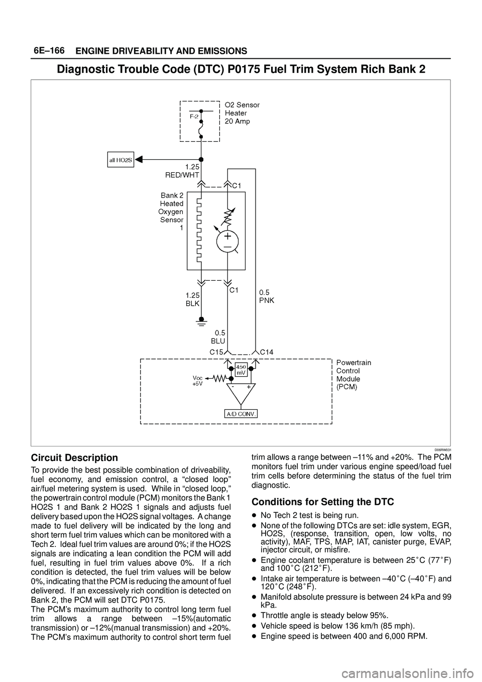 ISUZU TROOPER 1998  Service Repair Manual 6E±166
ENGINE DRIVEABILITY AND EMISSIONS
Diagnostic Trouble Code (DTC) P0175 Fuel Trim System Rich Bank 2
D06RW031
Circuit Description
To provide the best possible combination of driveability,
fuel e