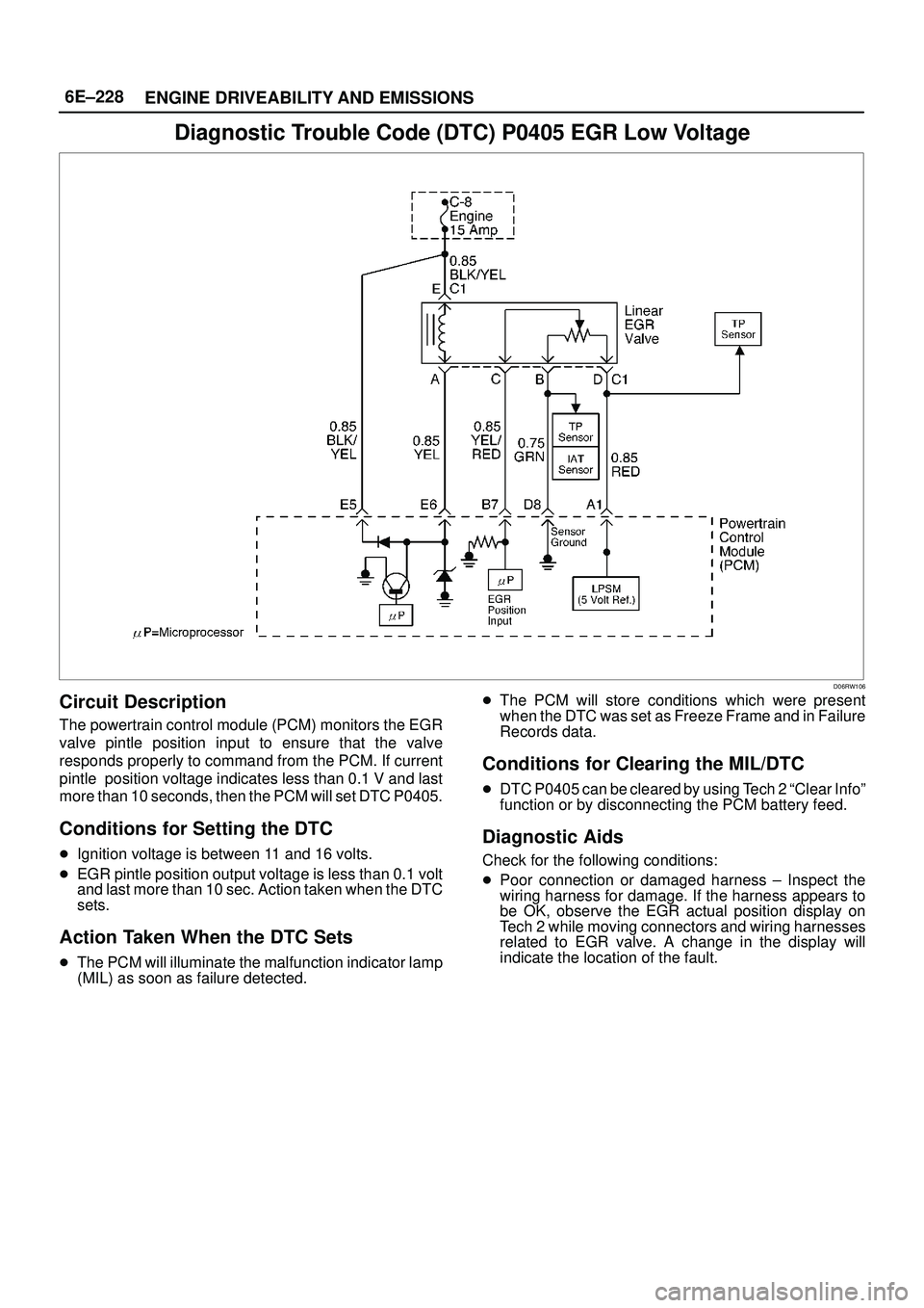 ISUZU TROOPER 1998  Service Owners Manual 6E±228
ENGINE DRIVEABILITY AND EMISSIONS
Diagnostic Trouble Code (DTC) P0405 EGR Low Voltage
D06RW106
Circuit Description
The powertrain control module (PCM) monitors the EGR
valve pintle position in
