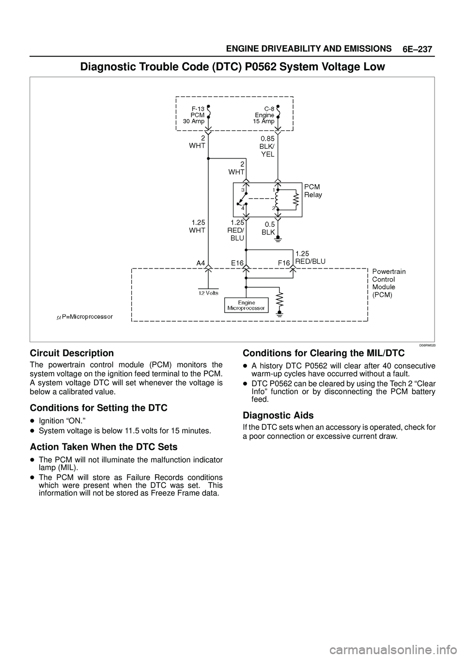 ISUZU TROOPER 1998  Service Repair Manual 6E±237 ENGINE DRIVEABILITY AND EMISSIONS
Diagnostic Trouble Code (DTC) P0562 System Voltage Low
D06RW020
Circuit Description
The powertrain control module (PCM) monitors the
system voltage on the ign