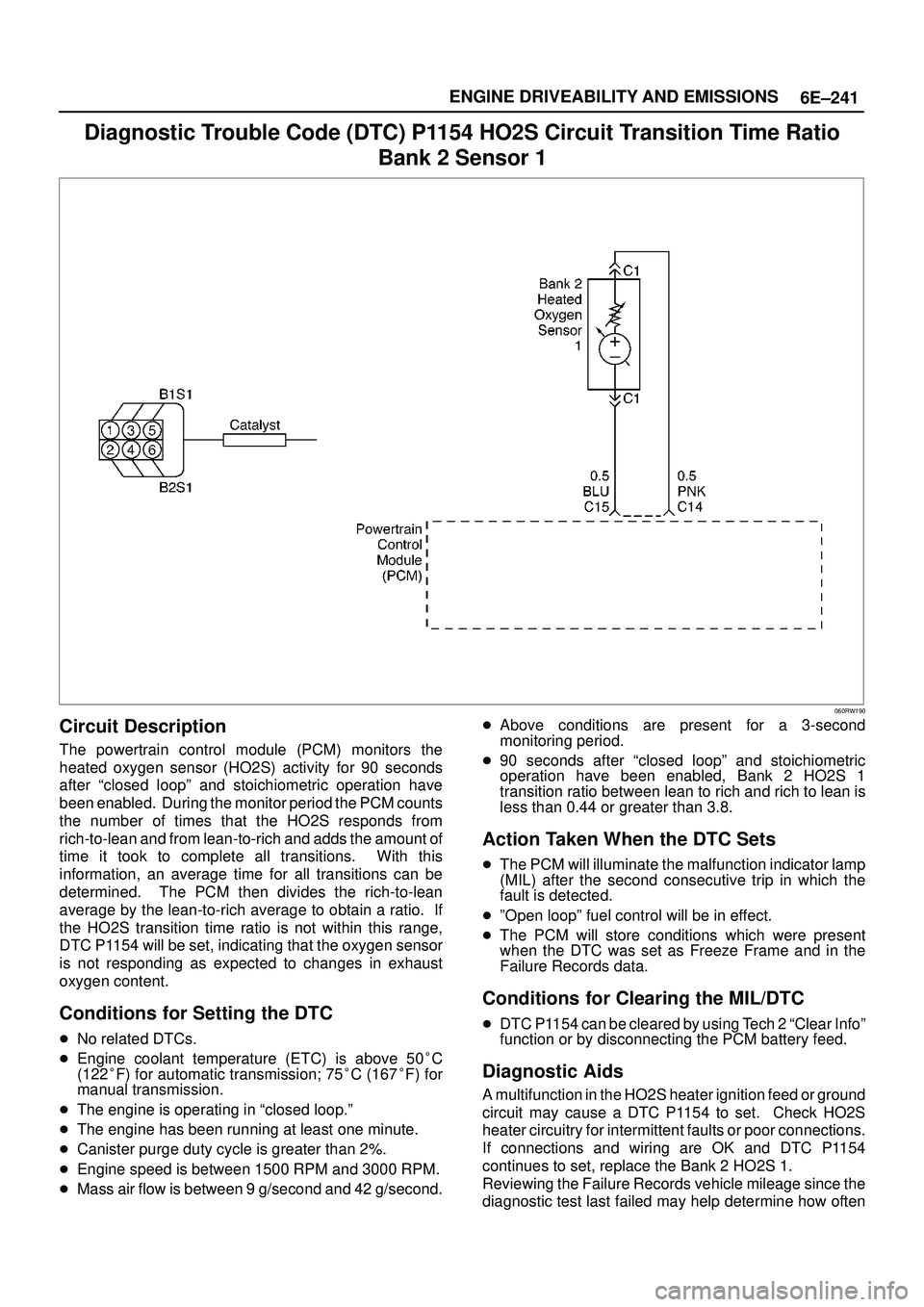 ISUZU TROOPER 1998  Service Owners Guide 6E±241 ENGINE DRIVEABILITY AND EMISSIONS
Diagnostic Trouble Code (DTC) P1154 HO2S Circuit Transition Time Ratio
Bank 2 Sensor 1
060RW190
Circuit Description
The powertrain control module (PCM) monito