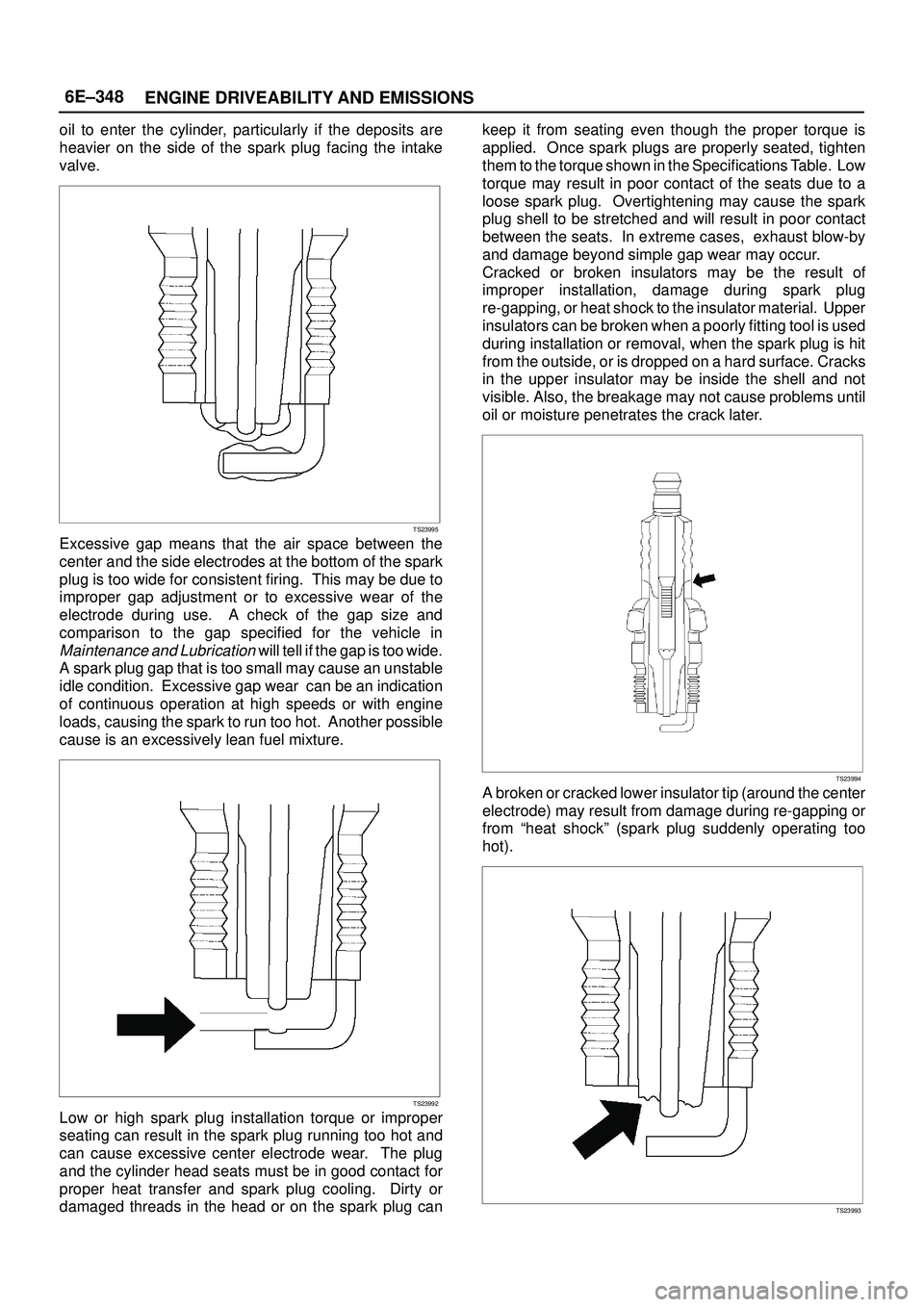 ISUZU TROOPER 1998  Service Repair Manual 6E±348
ENGINE DRIVEABILITY AND EMISSIONS
oil to enter the cylinder, particularly if the deposits are
heavier on the side of the spark plug facing the intake
valve.
TS23995
Excessive gap means that th