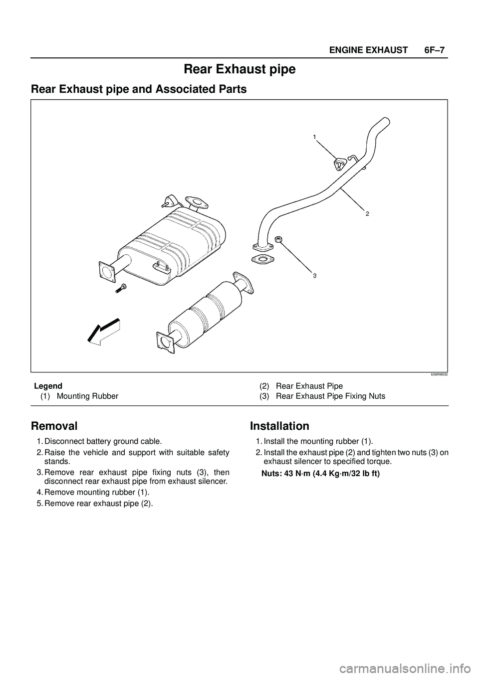 ISUZU TROOPER 1998  Service Repair Manual 6F±7 ENGINE EXHAUST
Rear Exhaust pipe
Rear Exhaust pipe and Associated Parts
E06RW033
Legend
(1) Mounting Rubber(2) Rear Exhaust Pipe
(3) Rear Exhaust Pipe Fixing Nuts
Removal
1. Disconnect battery g