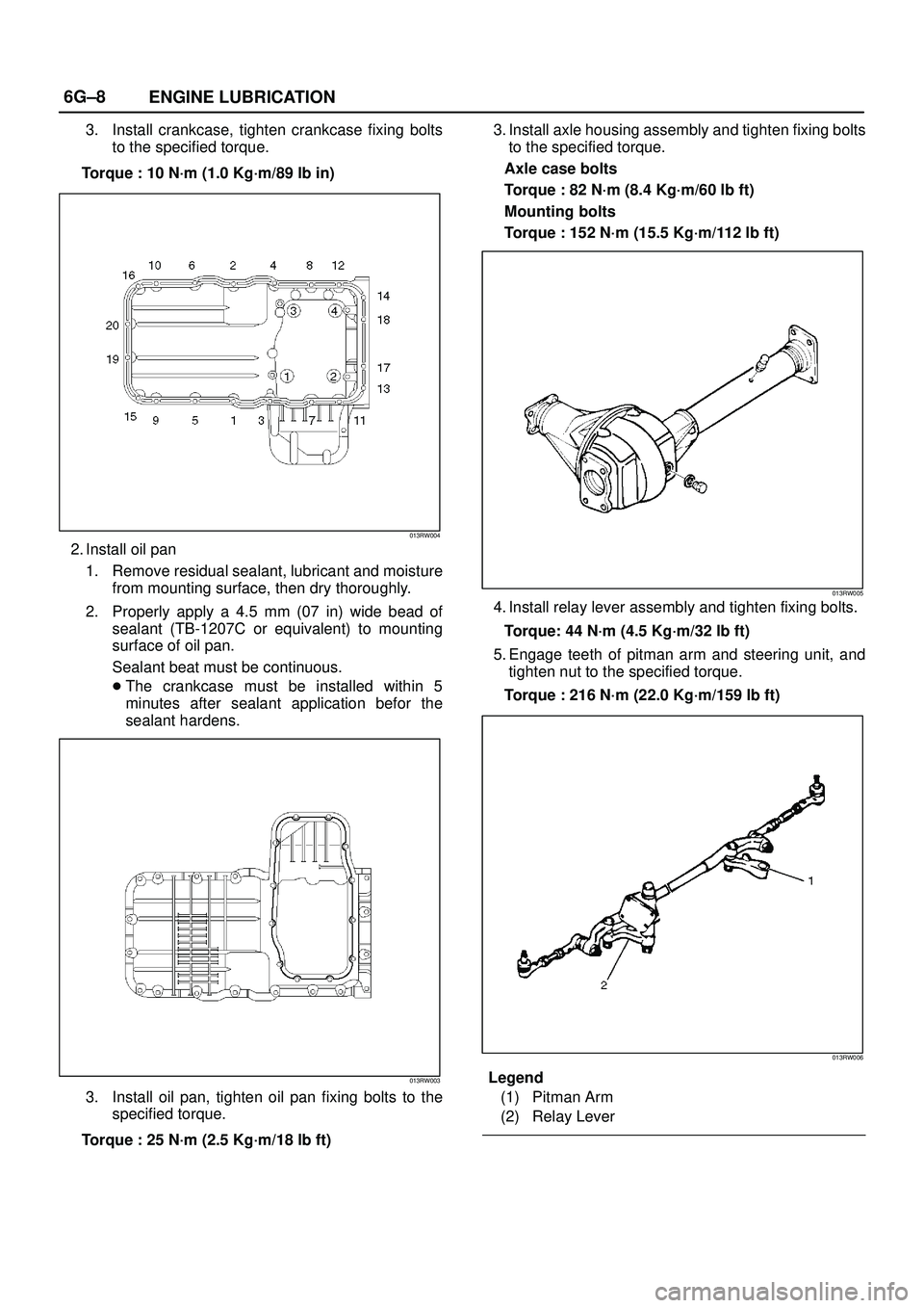 ISUZU TROOPER 1998  Service Repair Manual 6G±8
ENGINE LUBRICATION
3. Install crankcase, tighten crankcase fixing bolts
to the specified torque.
Torque : 10 N´m (1.0 Kg´m/89 lb in)
013RW004
2. Install oil pan
1. Remove residual sealant, lub
