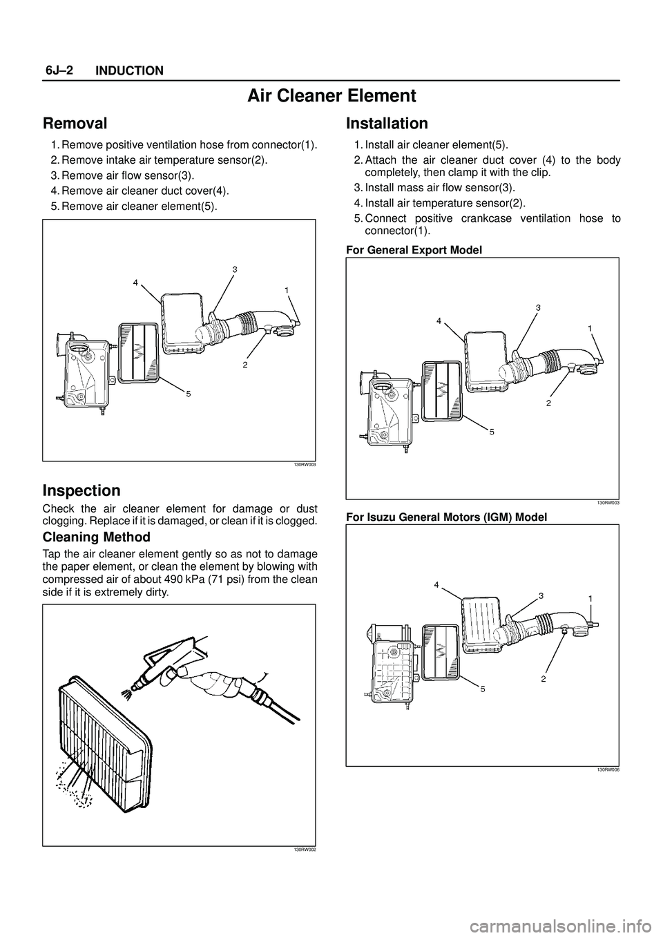 ISUZU TROOPER 1998  Service Repair Manual 6J±2
INDUCTION
Air Cleaner Element
Removal
1. Remove positive ventilation hose from connector(1).
2. Remove intake air temperature sensor(2).
3. Remove air flow sensor(3).
4. Remove air cleaner duct 