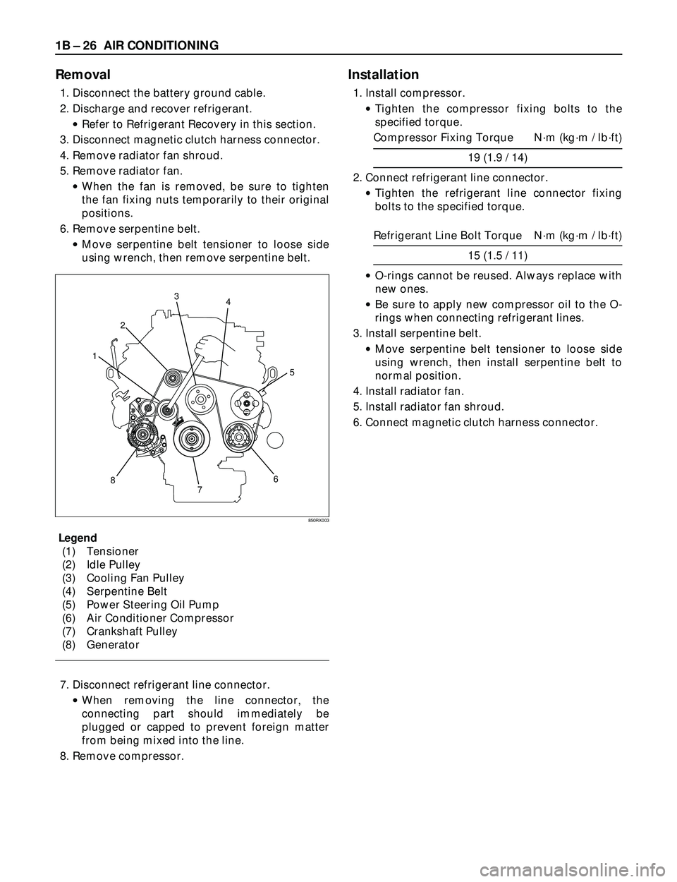 ISUZU TROOPER 1998 Service Repair Manual 1B Ð 26 AIR CONDITIONING
Removal
1. Disconnect the battery ground cable.
2. Discharge and recover refrigerant.
·Refer to Refrigerant Recovery in this section.
3. Disconnect magnetic clutch harness c ISUZU TROOPER 1998 Service Repair Manual 1B Ð 26 AIR CONDITIONING
Removal
1. Disconnect the battery ground cable.
2. Discharge and recover refrigerant.
·Refer to Refrigerant Recovery in this section.
3. Disconnect magnetic clutch harness c