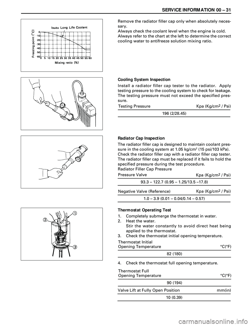 ISUZU TROOPER 1998 Service Repair Manual SERVICE INFORMATION 00 Ð 31
Remove the radiator filler cap only when absolutely neces-
sary.
Always check the coolant level when the engine is cold.
Always refer to the chart at the left to determine ISUZU TROOPER 1998 Service Repair Manual SERVICE INFORMATION 00 Ð 31
Remove the radiator filler cap only when absolutely neces-
sary.
Always check the coolant level when the engine is cold.
Always refer to the chart at the left to determine