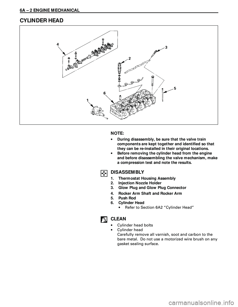 ISUZU TROOPER 1998 Service Repair Manual 6A Ð 2 ENGINE MECHANICAL
CYLINDER HEAD
NOTE:
·During disassembly, be sure that the valve train
components are kept together and identified so that
they can be re-installed in their original location ISUZU TROOPER 1998 Service Repair Manual 6A Ð 2 ENGINE MECHANICAL
CYLINDER HEAD
NOTE:
·During disassembly, be sure that the valve train
components are kept together and identified so that
they can be re-installed in their original location