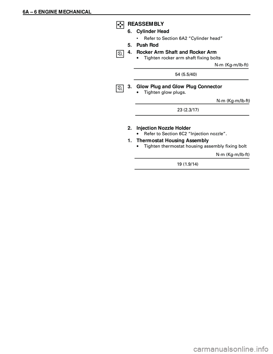 ISUZU TROOPER 1998 Service Repair Manual 6A Ð 6 ENGINE MECHANICAL
REASSEMBLY
6. Cylinder Head
¥ Refer to Section 6A2 ÒCylinder headÓ
5. Push Rod
4. Rocker Arm Shaft and Rocker Arm
·Tighten rocker arm shaft fixing bolts
3. Glow Plug and ISUZU TROOPER 1998 Service Repair Manual 6A Ð 6 ENGINE MECHANICAL
REASSEMBLY
6. Cylinder Head
¥ Refer to Section 6A2 ÒCylinder headÓ
5. Push Rod
4. Rocker Arm Shaft and Rocker Arm
·Tighten rocker arm shaft fixing bolts
3. Glow Plug and