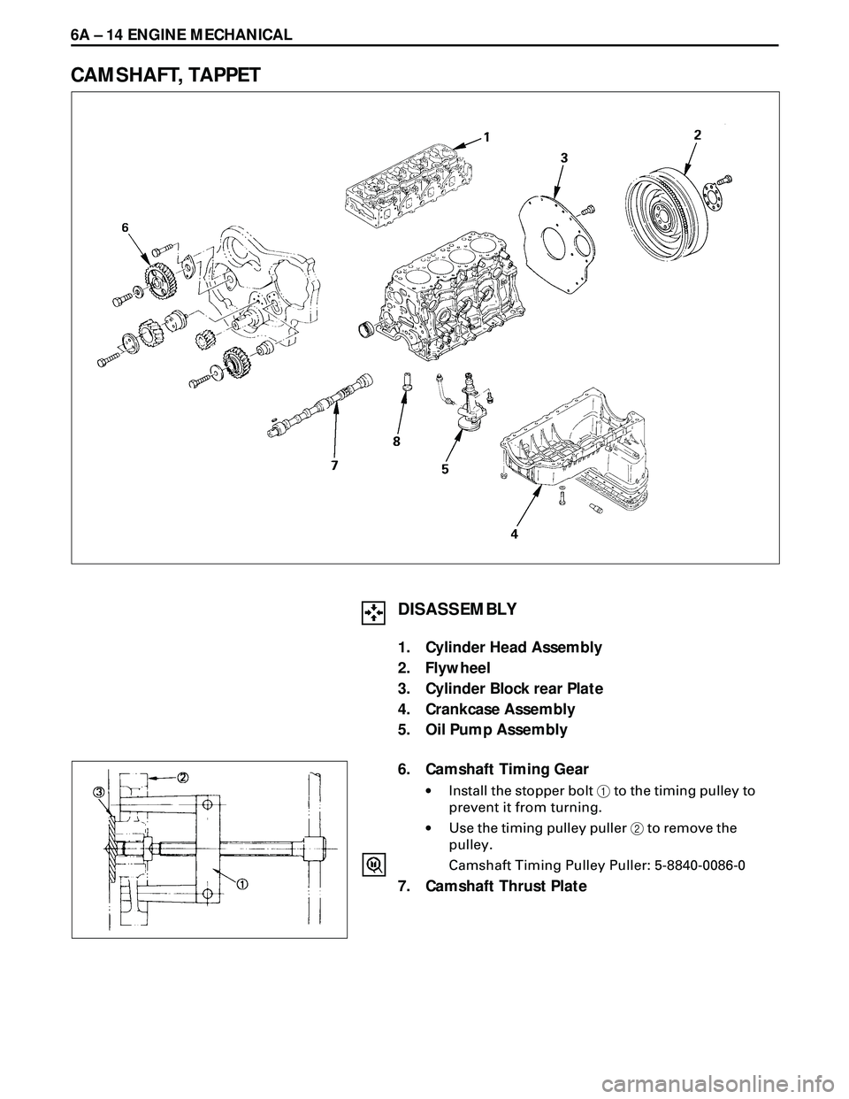 ISUZU TROOPER 1998 Service Repair Manual 6A Ð 14 ENGINE MECHANICAL
CAMSHAFT, TAPPET
6. Camshaft Timing Gear
·Install the stopper bolt 1 to the timing pulley to
prevent it from turning.
·Use the timing pulley puller 2 to remove the
pulley. ISUZU TROOPER 1998 Service Repair Manual 6A Ð 14 ENGINE MECHANICAL
CAMSHAFT, TAPPET
6. Camshaft Timing Gear
·Install the stopper bolt 1 to the timing pulley to
prevent it from turning.
·Use the timing pulley puller 2 to remove the
pulley.