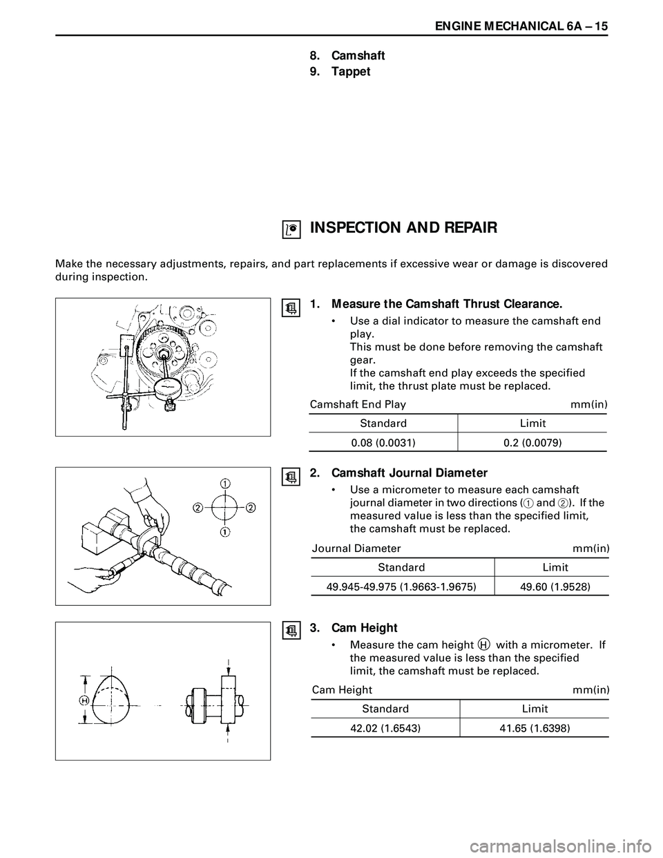 ISUZU TROOPER 1998  Service Repair Manual ENGINE MECHANICAL 6A Ð 15
INSPECTION AND REPAIR
Make the necessary adjustments, repairs, and part replacements if excessive wear or damage is discovered
during inspection.
8. Camshaft
9. Tappet
1. Me