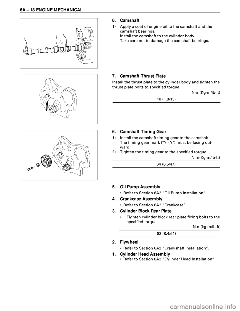 ISUZU TROOPER 1998 Service Repair Manual 6A Ð 18 ENGINE MECHANICAL
8. Camshaft
1) Apply a coat of engine oil to the camshaft and the
camshaft bearings.
Install the camshaft to the cylinder body.
Take care not to damage the camshaft bearings ISUZU TROOPER 1998 Service Repair Manual 6A Ð 18 ENGINE MECHANICAL
8. Camshaft
1) Apply a coat of engine oil to the camshaft and the
camshaft bearings.
Install the camshaft to the cylinder body.
Take care not to damage the camshaft bearings
