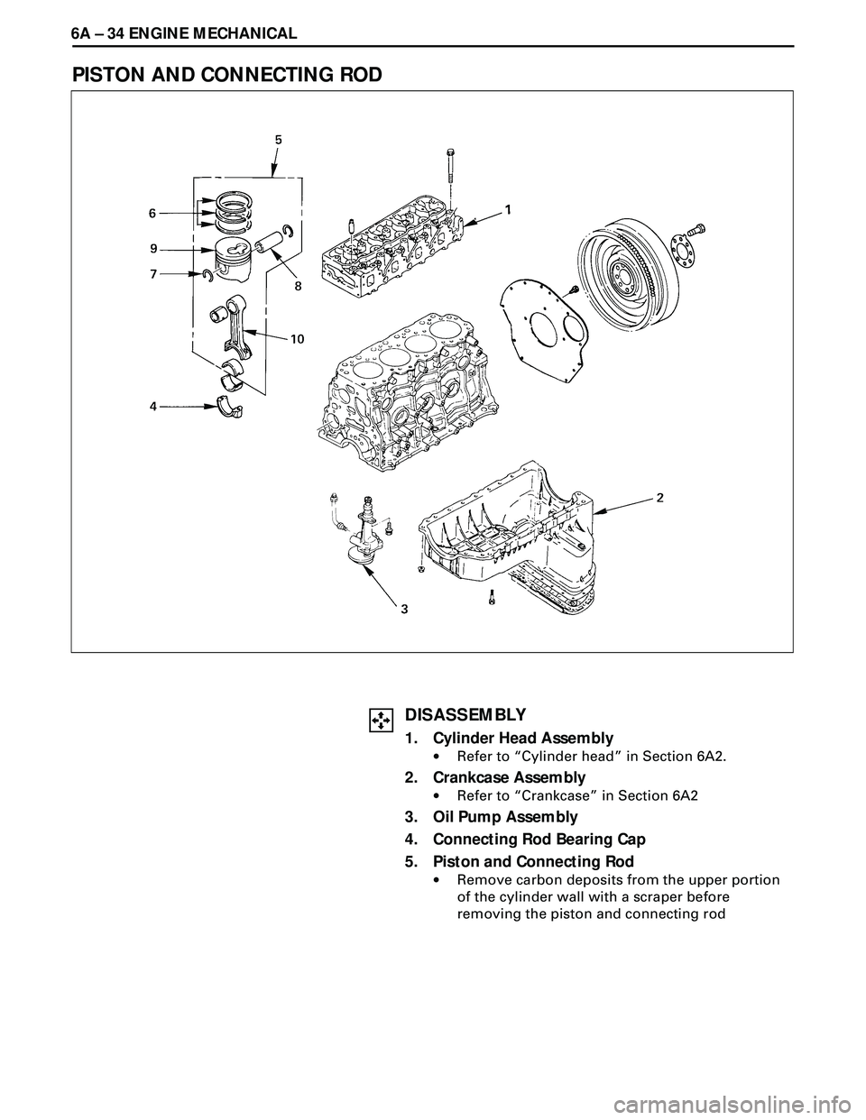 ISUZU TROOPER 1998  Service Repair Manual 6A Ð 34 ENGINE MECHANICAL
PISTON AND CONNECTING ROD
DISASSEMBLY
1. Cylinder Head Assembly
·Refer to ÒCylinder headÓ in Section 6A2.
2. Crankcase Assembly
·Refer to ÒCrankcaseÓ in Section 6A2
3.