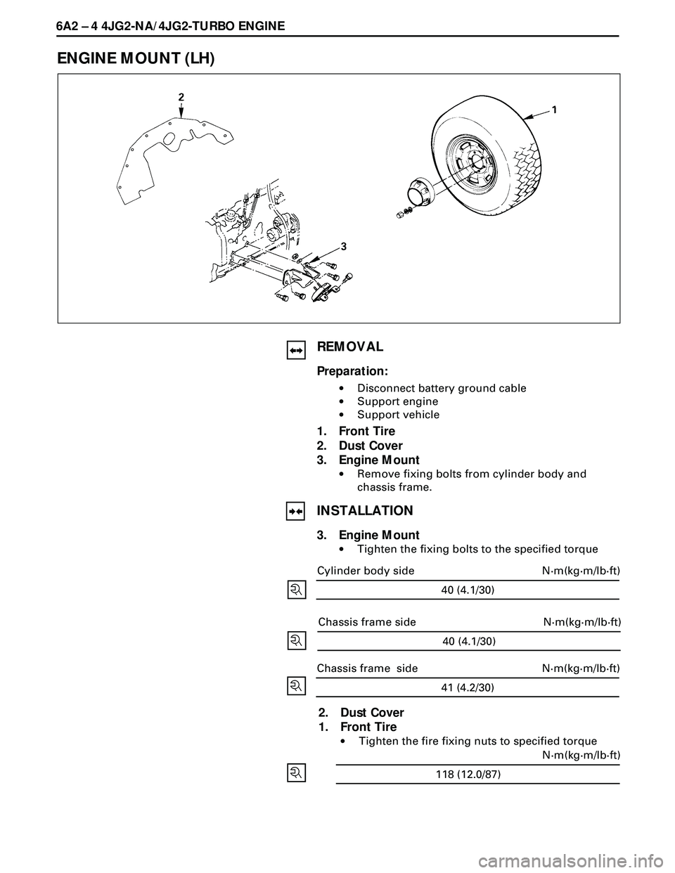 ISUZU TROOPER 1998  Service Repair Manual 6A2 Ð 4 4JG2-NA/4JG2-TURBO ENGINE
118 (12.0/87)N·m(kg·m/lb·ft)
ENGINE MOUNT (LH)
REMOVAL
Preparation:
·Disconnect battery ground cable
·Support engine
·Support vehicle
1. Front Tire
2. Dust Cov