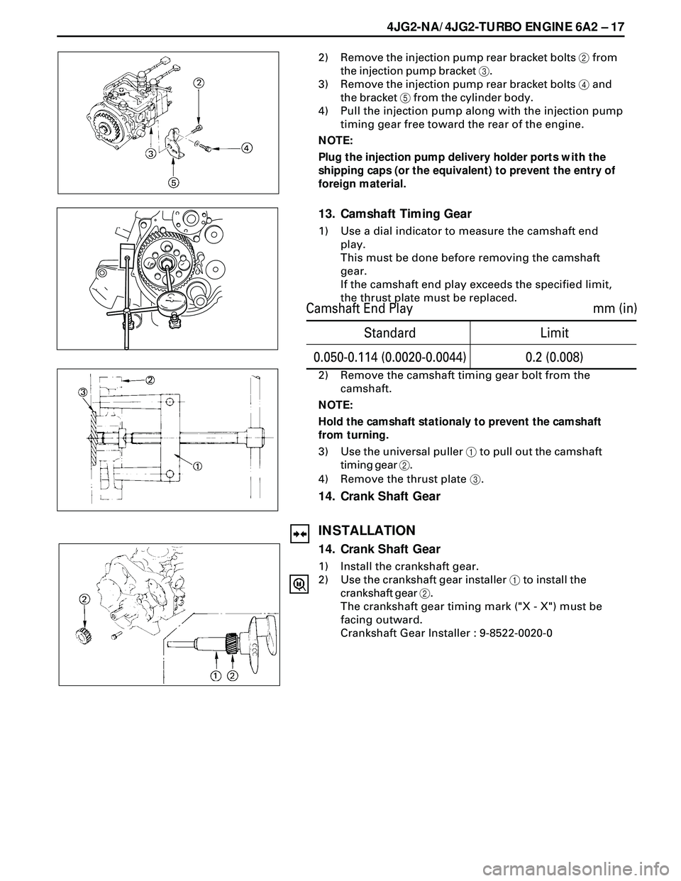 ISUZU TROOPER 1998  Service Repair Manual 4JG2-NA/4JG2-TURBO ENGINE 6A2 Ð 17
2) Remove the injection pump rear bracket bolts 2 from
the injection pump bracket 3.
3) Remove the injection pump rear bracket bolts 4 and
the bracket 5 from the cy