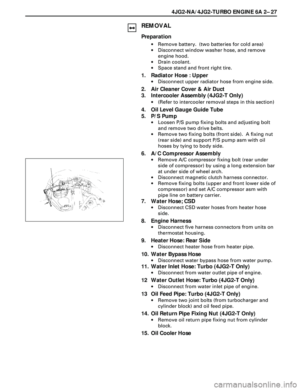 ISUZU TROOPER 1998  Service Repair Manual 4JG2-NA/4JG2-TURBO ENGINE 6A 2Ð 27
REMOVAL
Preparation
·Remove battery.  (two batteries for cold area)
·Disconnect window washer hose, and remove
engine hood.
·Drain coolant.
·Space stand and fro