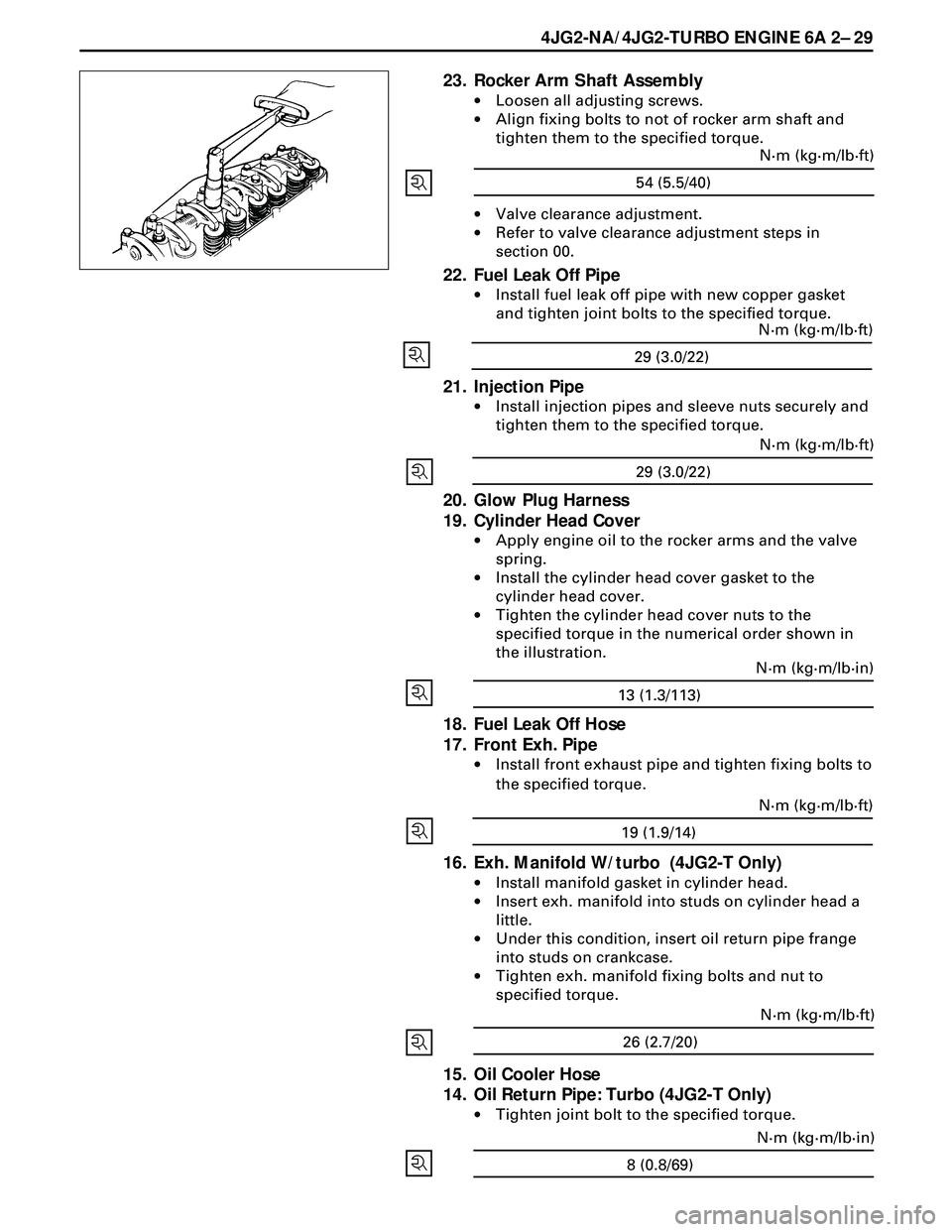 ISUZU TROOPER 1998  Service Repair Manual 4JG2-NA/4JG2-TURBO ENGINE 6A 2Ð 29
23. Rocker Arm Shaft Assembly
·Loosen all adjusting screws.
·Align fixing bolts to not of rocker arm shaft and
tighten them to the specified torque.
·Valve clear