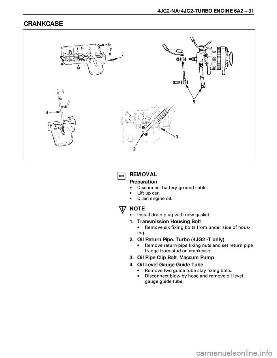 ISUZU TROOPER 1998  Service Owners Guide 4JG2-NA/4JG2-TURBO ENGINE 6A2 Ð 31
CRANKCASE
REMOVAL
Preparation
·Disconnect battery ground cable.
·Lift up car.
·Drain engine oil.
NOTE
·Install drain plug with new gasket.
1. Transmission Housi