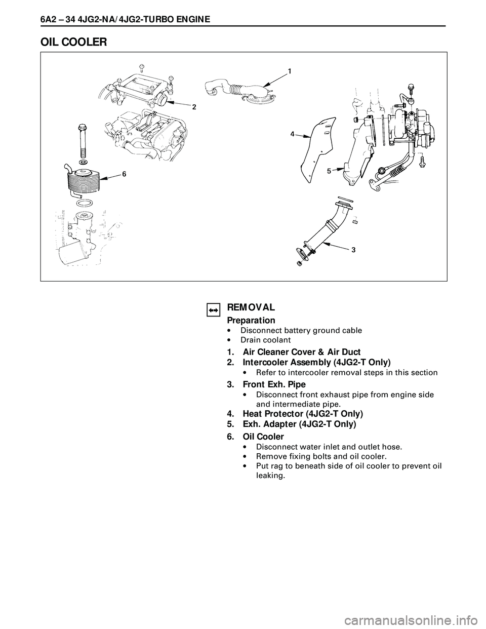 ISUZU TROOPER 1998  Service Repair Manual 6A2 Ð 34 4JG2-NA/4JG2-TURBO ENGINE
OIL COOLER
REMOVAL
Preparation
·Disconnect battery ground cable
·Drain coolant
1. Air Cleaner Cover & Air Duct
2. Intercooler Assembly (4JG2-T Only)
·Refer to in