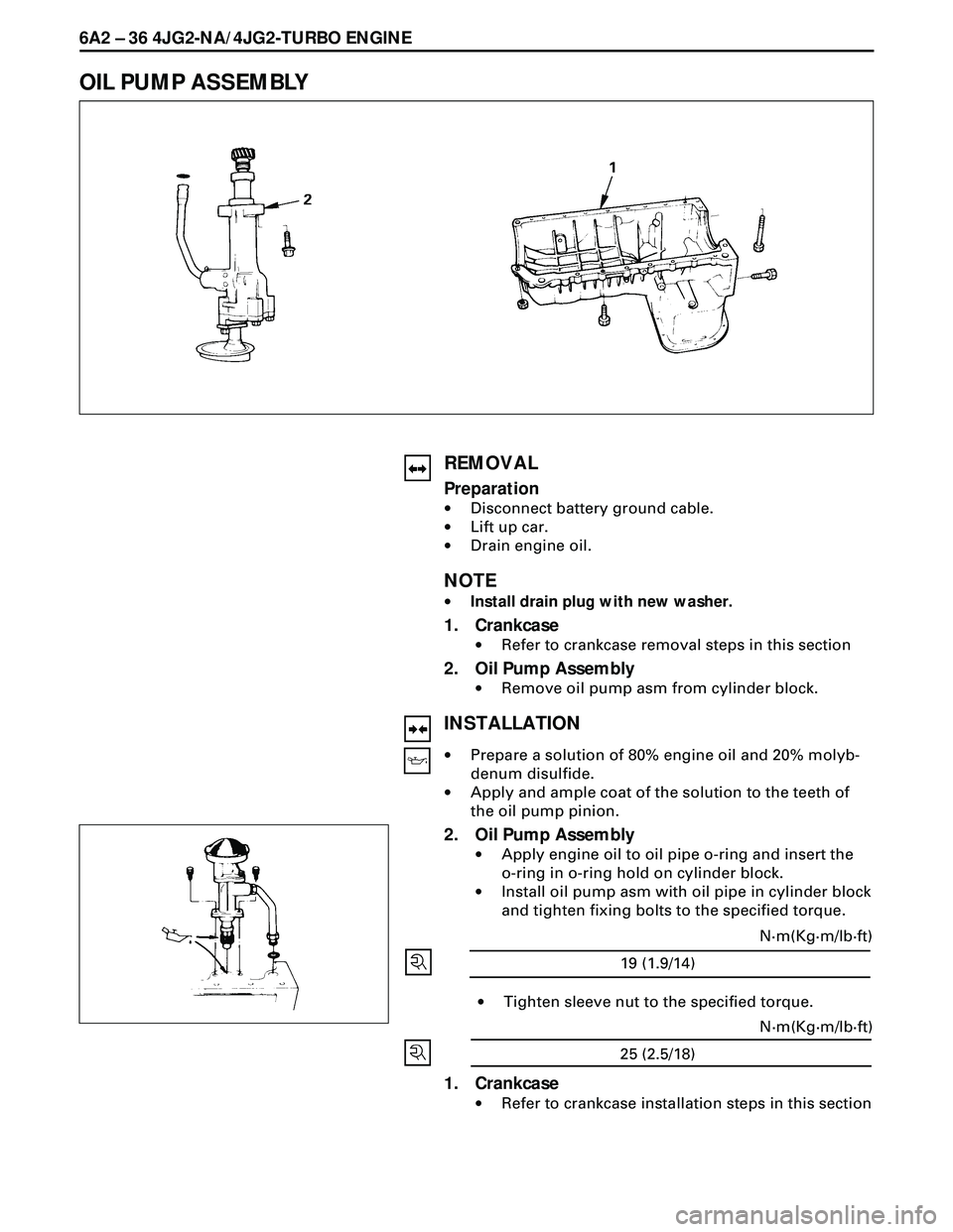 ISUZU TROOPER 1998  Service Owners Guide 6A2 Ð 36 4JG2-NA/4JG2-TURBO ENGINE
OIL PUMP ASSEMBLY
REMOVAL
Preparation
·Disconnect battery ground cable.
·Lift up car.
·Drain engine oil.
NOTE
·Install drain plug with new washer.
1. Crankcase
