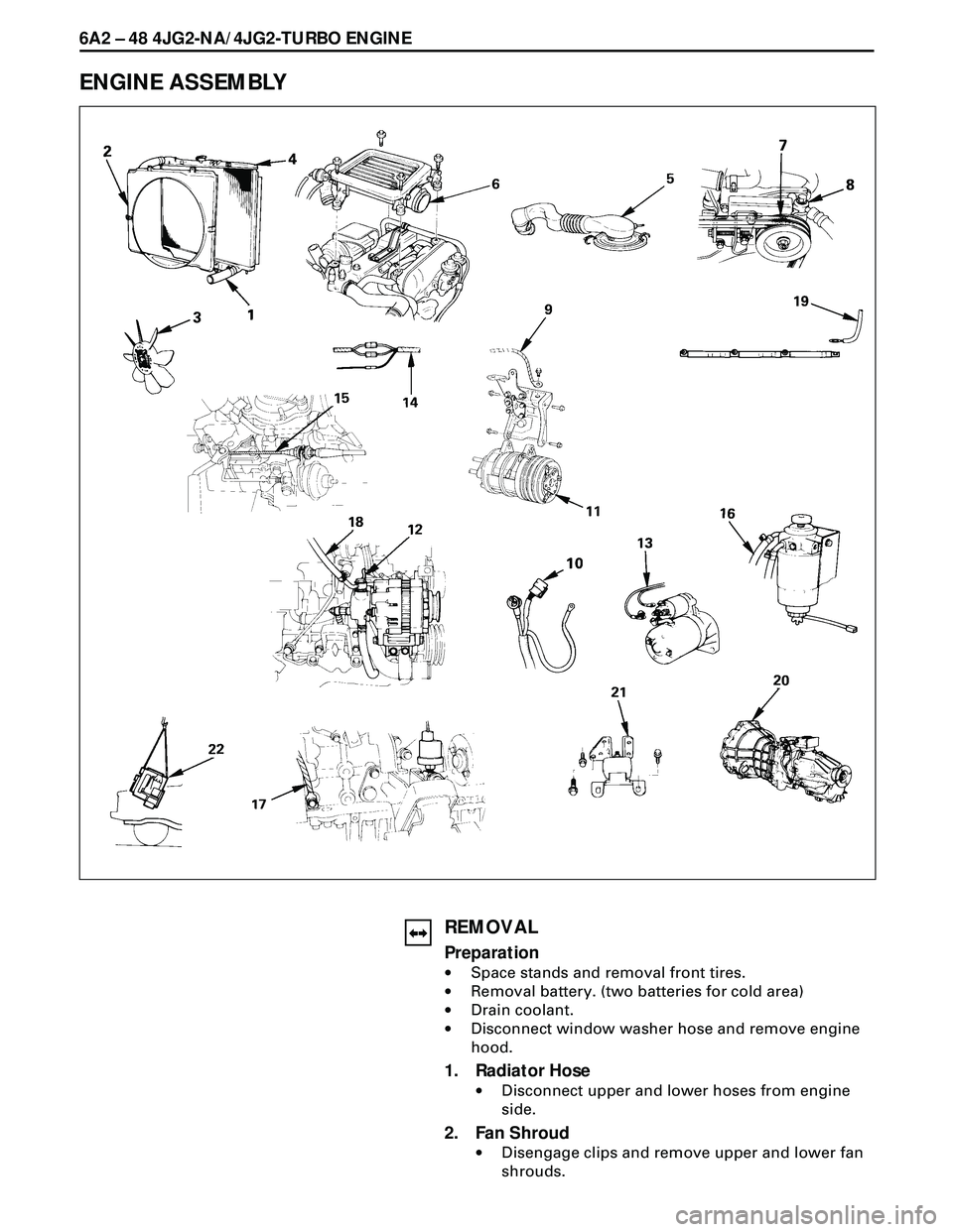 ISUZU TROOPER 1998  Service Repair Manual 6A2 Ð 48 4JG2-NA/4JG2-TURBO ENGINE
ENGINE ASSEMBLY
REMOVAL
Preparation
·Space stands and removal front tires.
·Removal battery. (two batteries for cold area)
·Drain coolant.
·Disconnect window wa