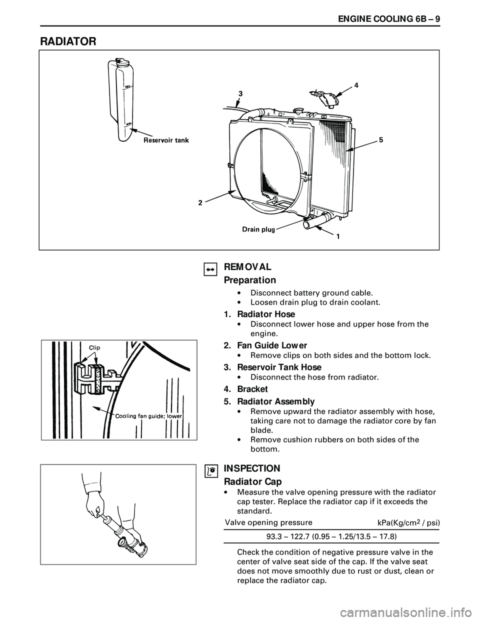 ISUZU TROOPER 1998 Service Repair Manual ENGINE COOLING 6B Ð 9
RADIATOR
REMOVAL
Preparation
·Disconnect battery ground cable.
·Loosen drain plug to drain coolant.
1. Radiator Hose
·Disconnect lower hose and upper hose from the
engine.
2. ISUZU TROOPER 1998 Service Repair Manual ENGINE COOLING 6B Ð 9
RADIATOR
REMOVAL
Preparation
·Disconnect battery ground cable.
·Loosen drain plug to drain coolant.
1. Radiator Hose
·Disconnect lower hose and upper hose from the
engine.
2.