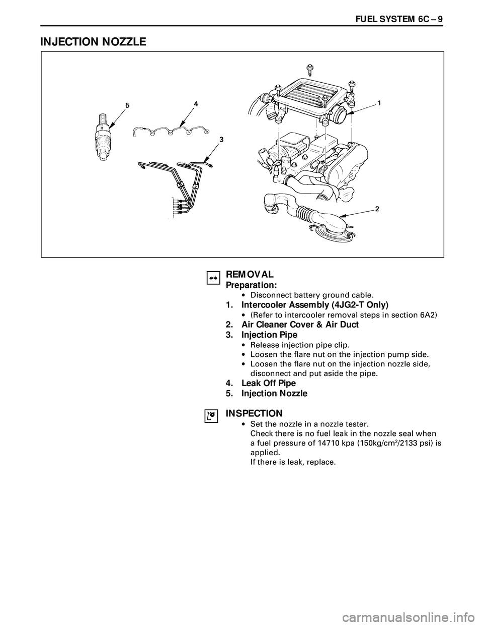 ISUZU TROOPER 1998 Service Repair Manual FUEL SYSTEM 6C Ð 9
INJECTION NOZZLE
REMOVAL
Preparation:
·Disconnect battery ground cable.
1. Intercooler Assembly (4JG2-T Only)
·(Refer to intercooler removal steps in section 6A2)
2. Air Cleaner ISUZU TROOPER 1998 Service Repair Manual FUEL SYSTEM 6C Ð 9
INJECTION NOZZLE
REMOVAL
Preparation:
·Disconnect battery ground cable.
1. Intercooler Assembly (4JG2-T Only)
·(Refer to intercooler removal steps in section 6A2)
2. Air Cleaner