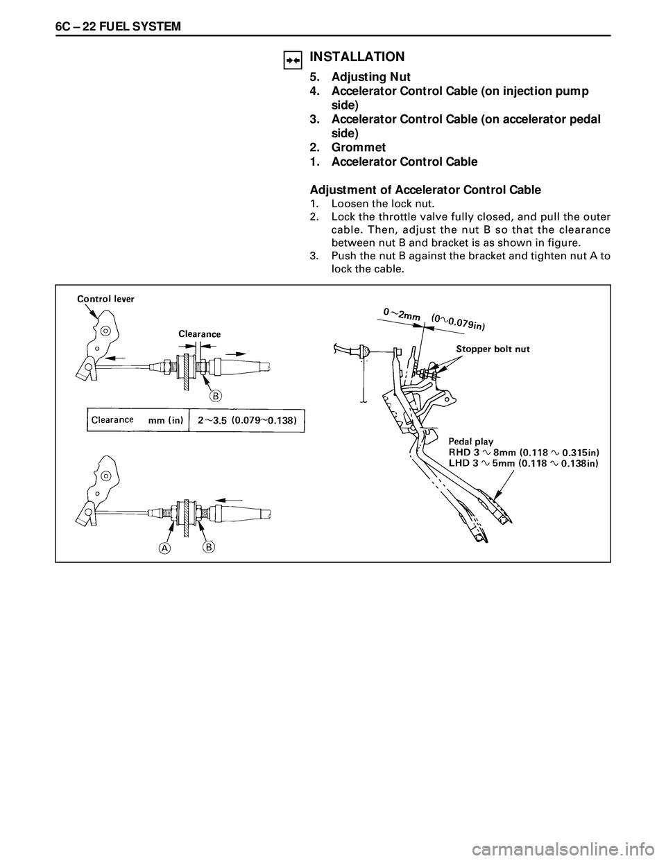 ISUZU TROOPER 1998 Service Repair Manual 6C Ð 22 FUEL SYSTEM
INSTALLATION
5. Adjusting Nut
4. Accelerator Control Cable (on injection pump
side)
3. Accelerator Control Cable (on accelerator pedal
side)
2. Grommet
1. Accelerator Control Cabl ISUZU TROOPER 1998 Service Repair Manual 6C Ð 22 FUEL SYSTEM
INSTALLATION
5. Adjusting Nut
4. Accelerator Control Cable (on injection pump
side)
3. Accelerator Control Cable (on accelerator pedal
side)
2. Grommet
1. Accelerator Control Cabl