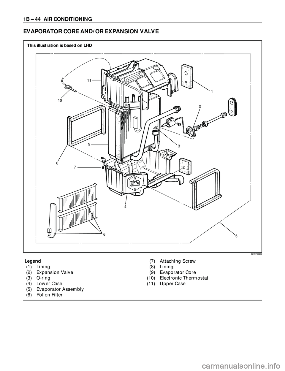 ISUZU TROOPER 1998  Service Repair Manual 1B Ð 44 AIR CONDITIONING
Legend
(1) Lining
(2) Expansion Valve
(3) O-ring
(4) Lower Case
(5) Evaporator Assembly
(6) Pollen Filter(7) Attaching Screw
(8) Lining
(9) Evaporator Core
(10) Electronic Th